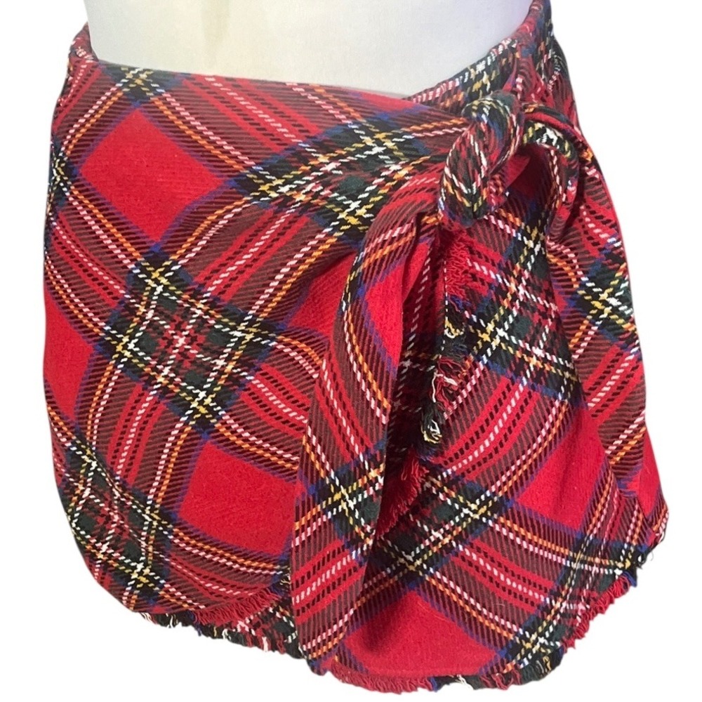 Judith March Red Plaid Wrap Mini Skirt Side Tie Frayed Hem 1289SK-10 Large